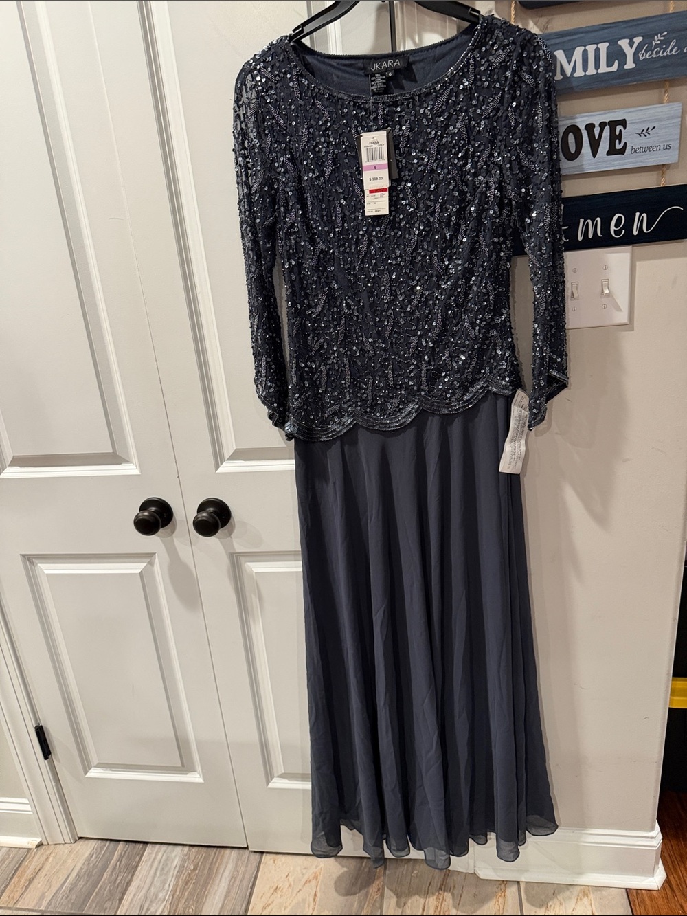 J Kara Dark Gray Beaded Chiffon Evening Dress